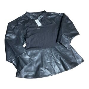 Gracia W L Black Faux Leather Peplum Top Long Sleeves Goth Core Whimsical